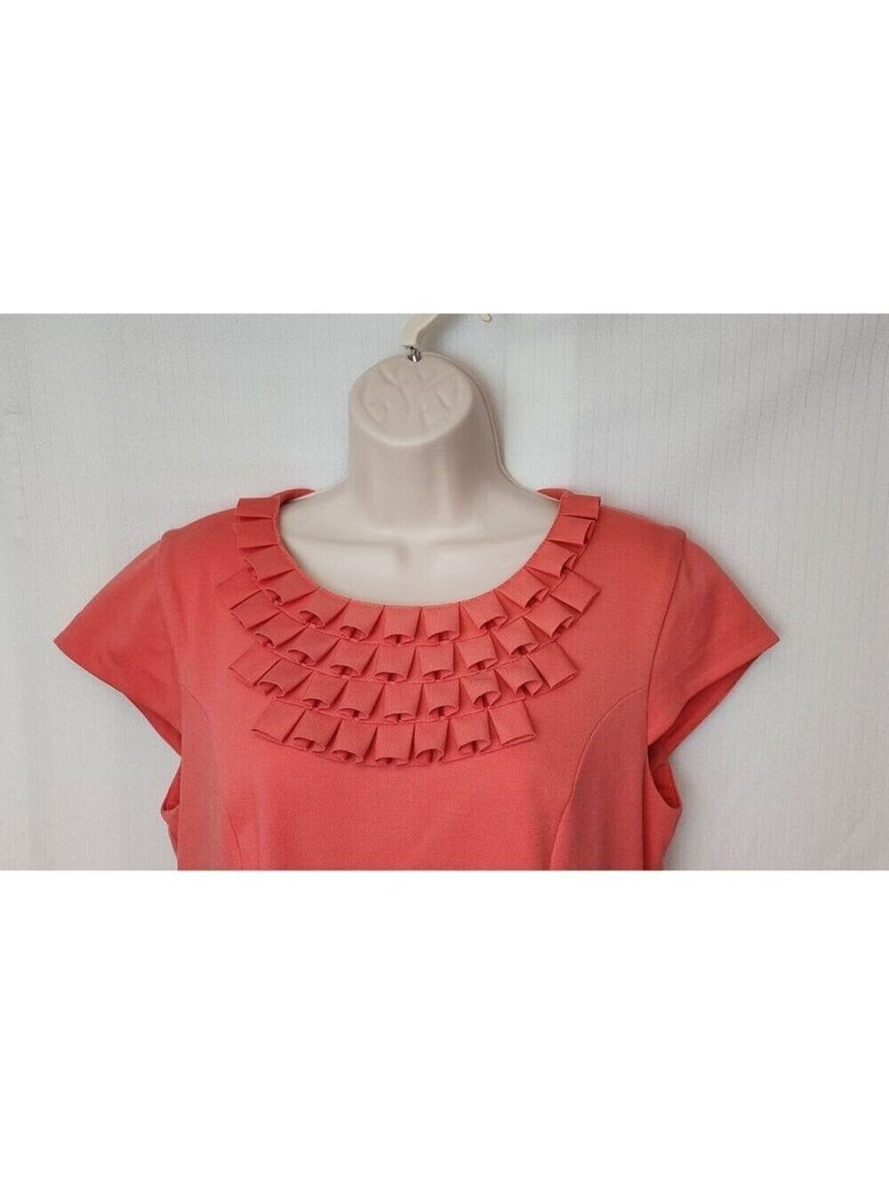 Adrienne Vittadini Ponte Coral Salmon Loop Pleat Neck Sheath Dress Size 10 - Picture 7 of 9